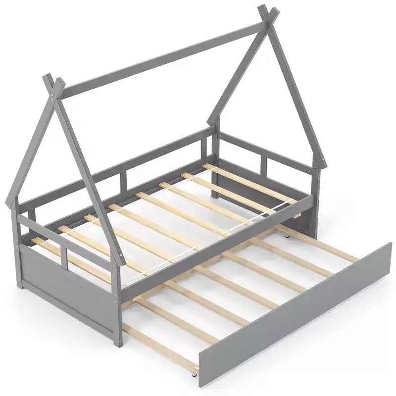 Twin Size House Bed with Trundle, Roof & Safety Guardrail, Wood Slat Support, Gray