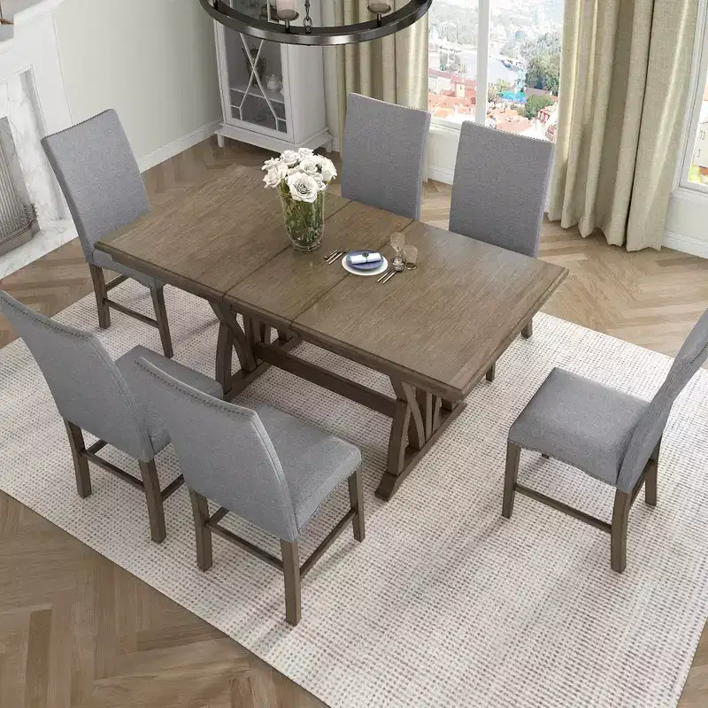 7 PCS Extendable Dining Set for 6, Dining Table Set with 6 Upholstered Dining Chairs, Mid-Century Style, Golden Brown+Gray-ModernLuxe
