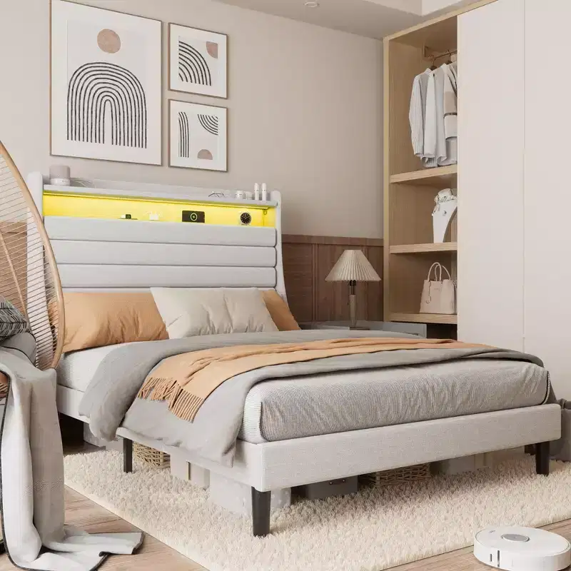 Full Size Platform Bed Frame with Storage Headboard, Charging Station & LED Lights - Upholstered, No Box Spring Needed, Beige