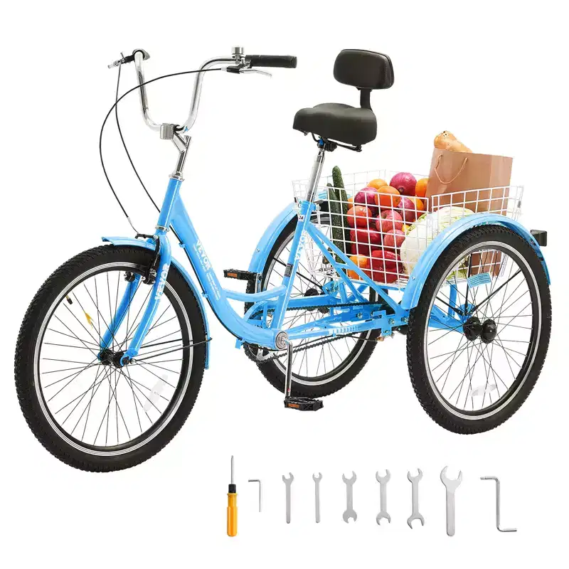 VEVOR Adult Tricycles Bike, 24 Inch Three-Wheeled Bicycles, 3 Wheel Bikes Trikes, Carbon Steel Cruiser Bike with Basket & Adjustable Seat