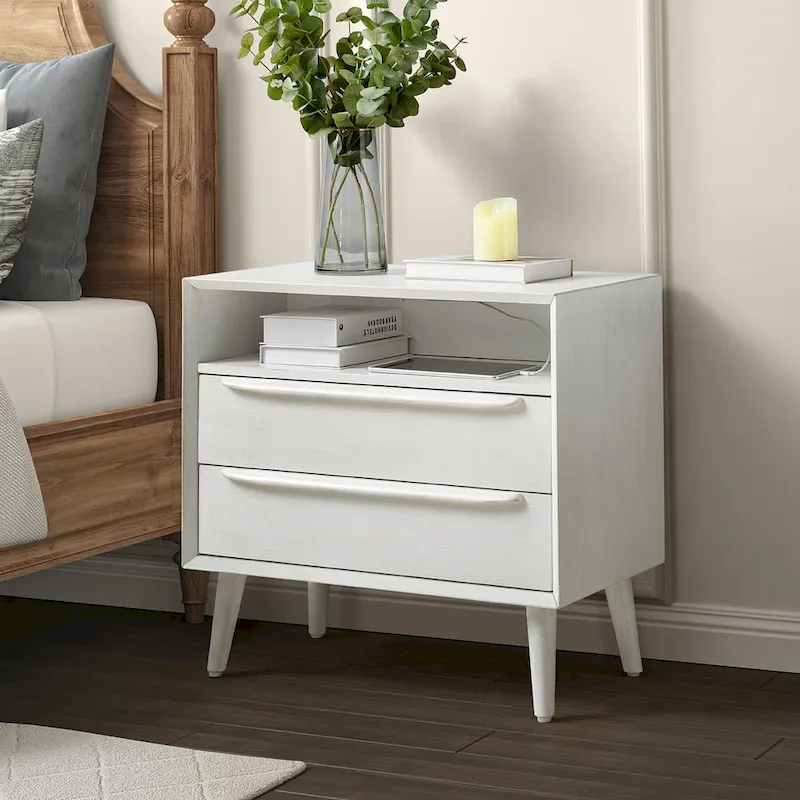 Mid-century Modern 2-Drawer Nightstand with Built-In Outlets and USB