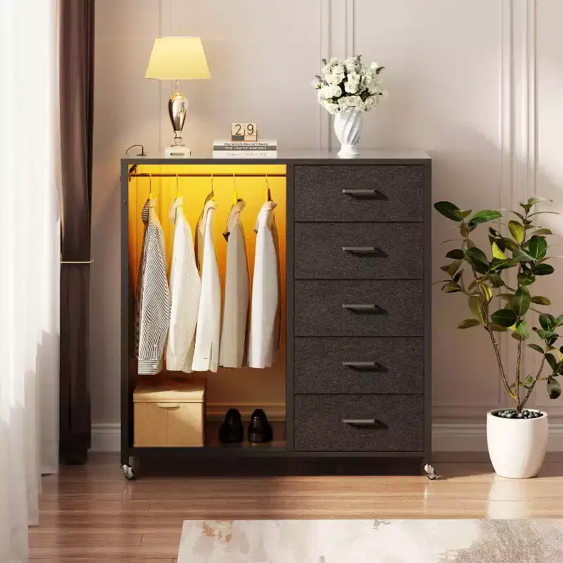 45-In Rolling Dresser with Mirror, Closet Organizer with 5 Fabric Drawers and Charging Station