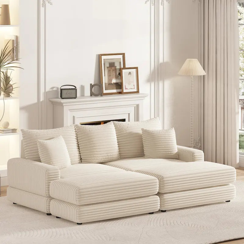 86.6Inch Corduroy 3-seater sofa With 3 back pillows , 2 toss pillows and two ottoman ,Comfy Sofa- Deep Seat Couch for Living Roo