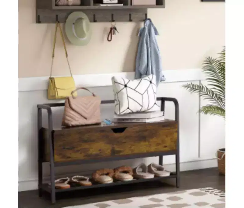 Retro Smoked Wood & Black Shoe Bench (Iron + Wood)