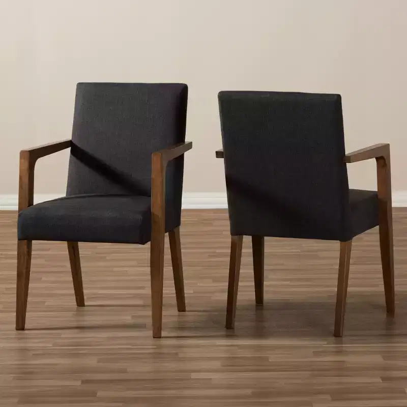 Baxton Studio Set of 2 Andrea Mid-Century Modern Upholstered Wooden Armchair Dark Gray: Polyester, Rubberwood Frame, Spot Clean