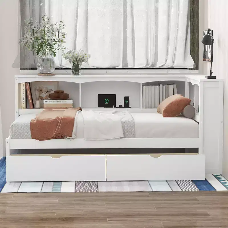 Twin Size Daybed with Trundle and Bookcase, L Shaped Daybed with Shelves & USB Ports, Twin Corner Bed Frame with Headboard