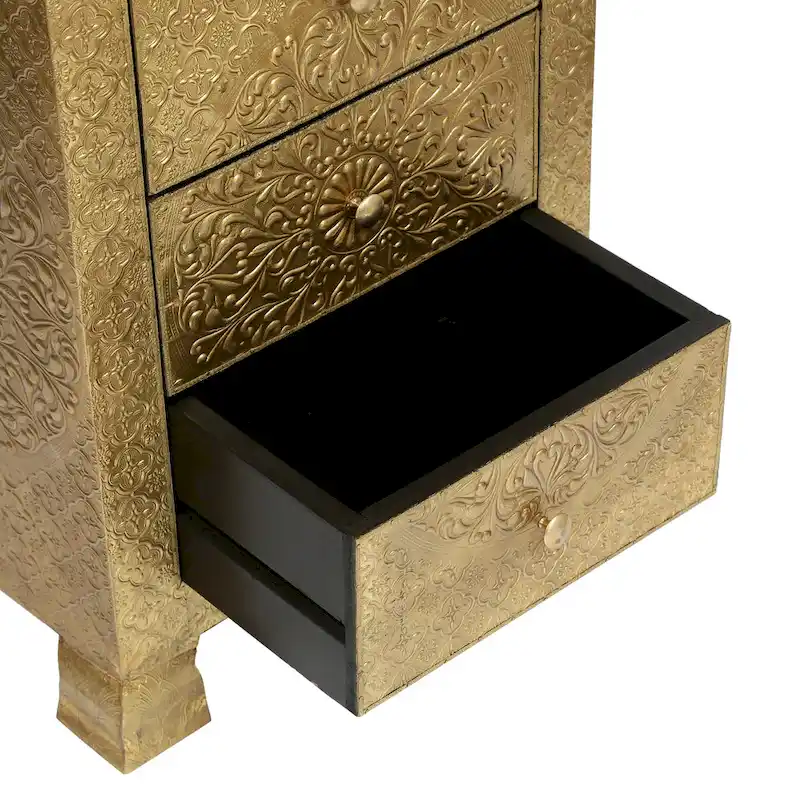 Handcrafted Boho 3-Drawer Nightstand, Gold Finish, Bedroom Side Table