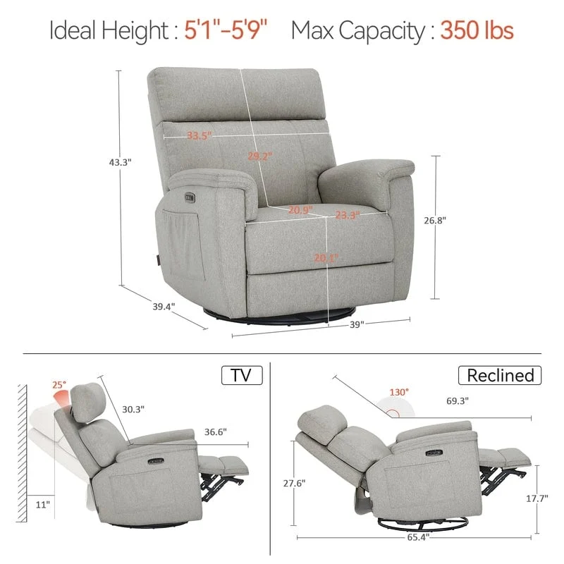 MCombo Power Swivel Glider Recliner Nursery Chair, Fabric PR601