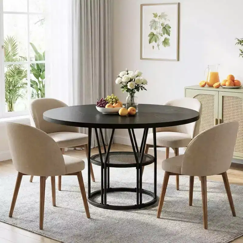 Coolmee 47 Round Dining Table with Storage, Modern Kitchen Table for 4-6, Metal Frame Circle Dinner Table for Small Space, Apartment, Living Room