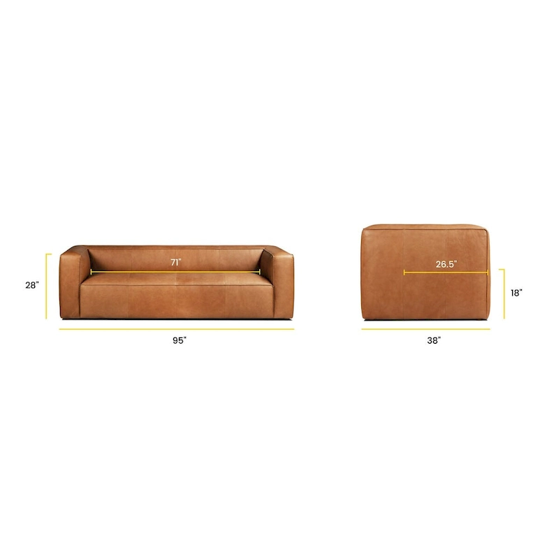 Poly & Bark Piazza 95 Sofa in Saddle Tan - Full Grain Genuine Italian Leather