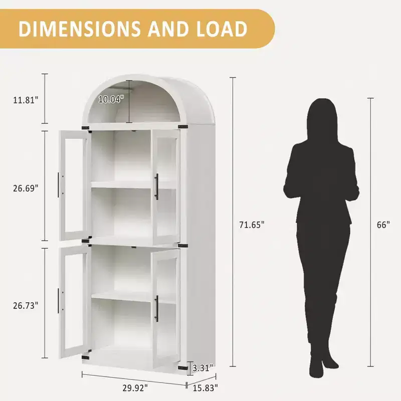 Coolmee Arched Bookshelf with Doors, Farmhouse Display Storage Shelves, 71.4in Tall Wooden Rounded Bookcases for Living Room, Kitchen, Office