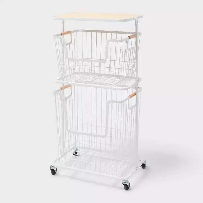 Wire Wood Basket Cart - White