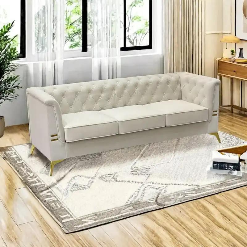 82 Velvet 3 Seater Chesterfield Sofa Couch with Gold Metal Legs, High Rebound Sponge and Removable Cushions
