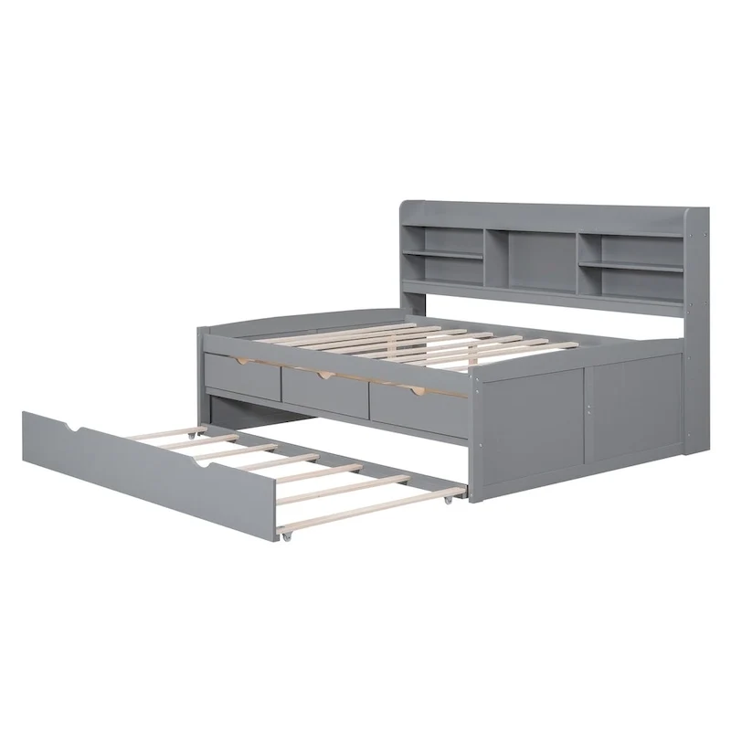 Full Pine Captain Bed with Shelves, Drawers & Trundle