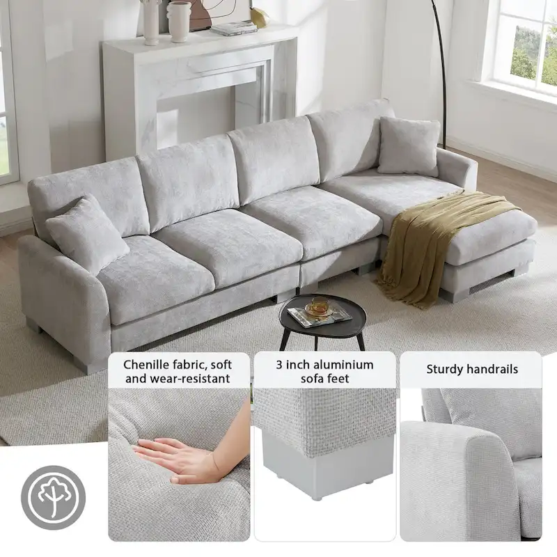 119 Chenille L-Shaped Sectional Sofa with Chaise Lounge and 2 Pillows