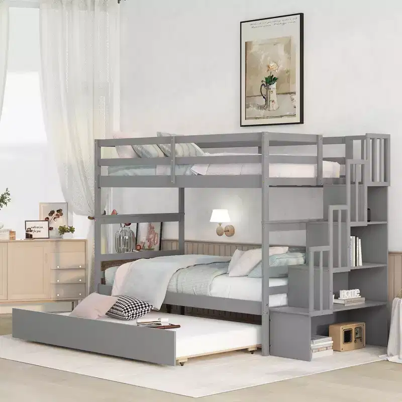 Okak Twin over Twin Wood Bunk Bed with Trundle Loft Bunk Bed with Storage Stairway for Kids Teens, Easy Assemble No Box Spring Needed