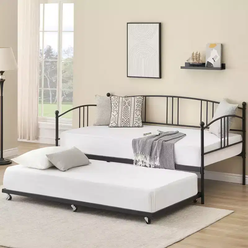 Daybed with Trundle, Metal Twin Size Day Bed, Trundle Bed Twin with Heavy Duty Steel Slats Platform for Living Room, Bedroom and Guest Room