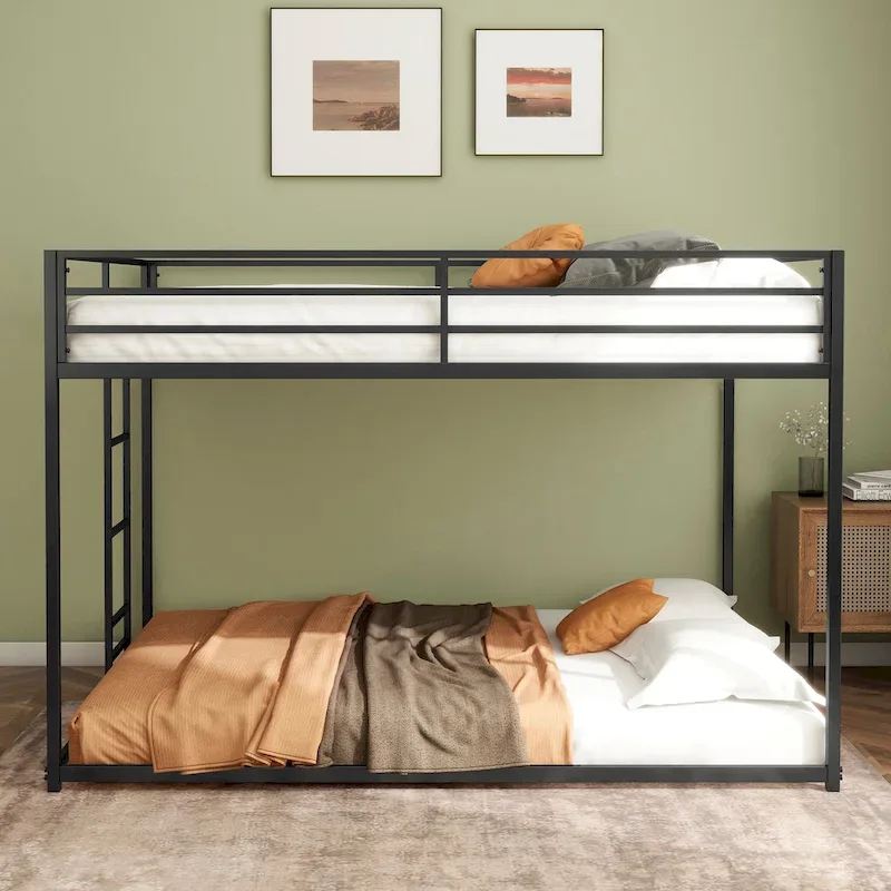 Full Over Full Bunk Bed with Black Metal Guard Rail, Modern Style, Space-Saving Kids Bedroom Furniture