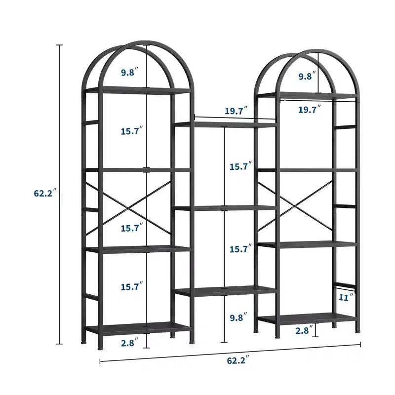 Triple Arched Bookshelf, 4 Tier Freestanding Open Bookcase with Metal Frame, Industrial Display Storage Shelf for Living Room, Home Office