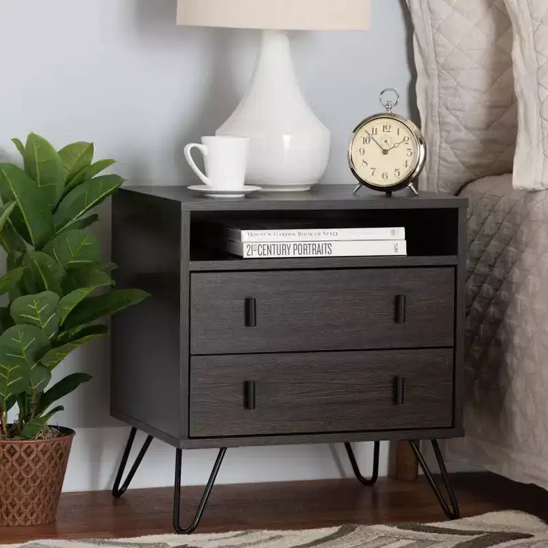 Glover Wood and Metal 2 Drawer Nightstand Brown/Black - Baxton Studio: Modern Bedside Furniture with Open Shelf
