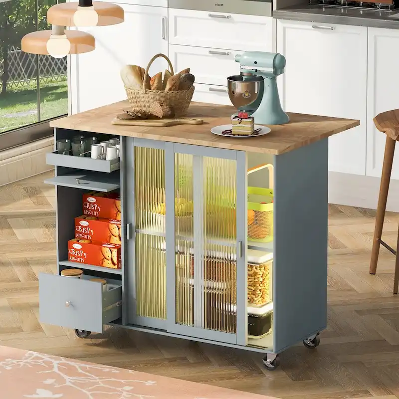 Kitchen Island Cart with Drop-Leaf Surface, LED Lighting, Fluted Glass Doors, Adjustable Shelf, and Two Drawers