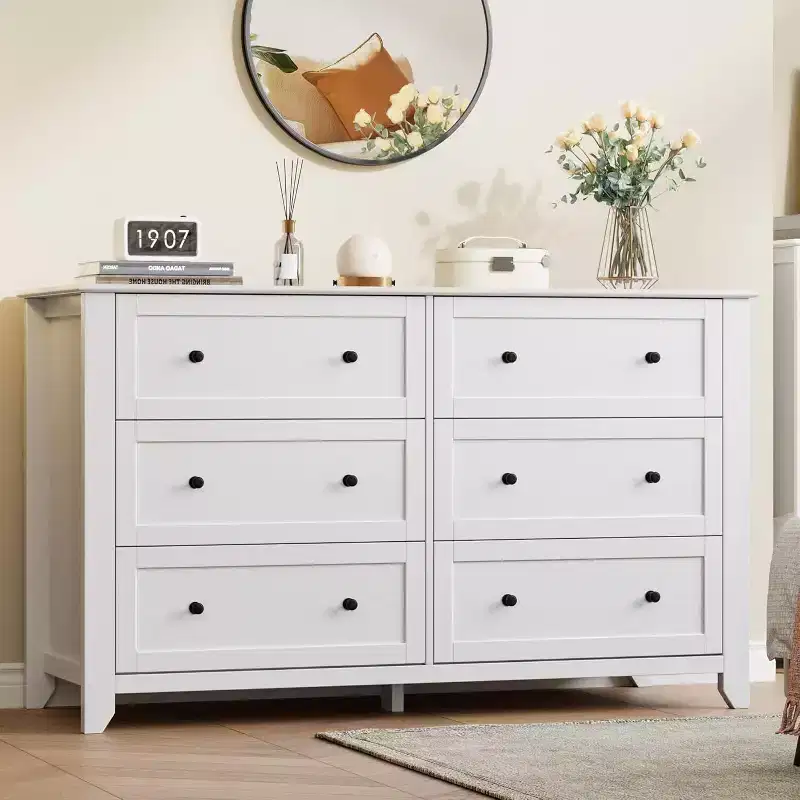GustoWave Modern 54 Wide Large 6 Drawer Dresser for Bedroom, Entryway, Hallway, White
