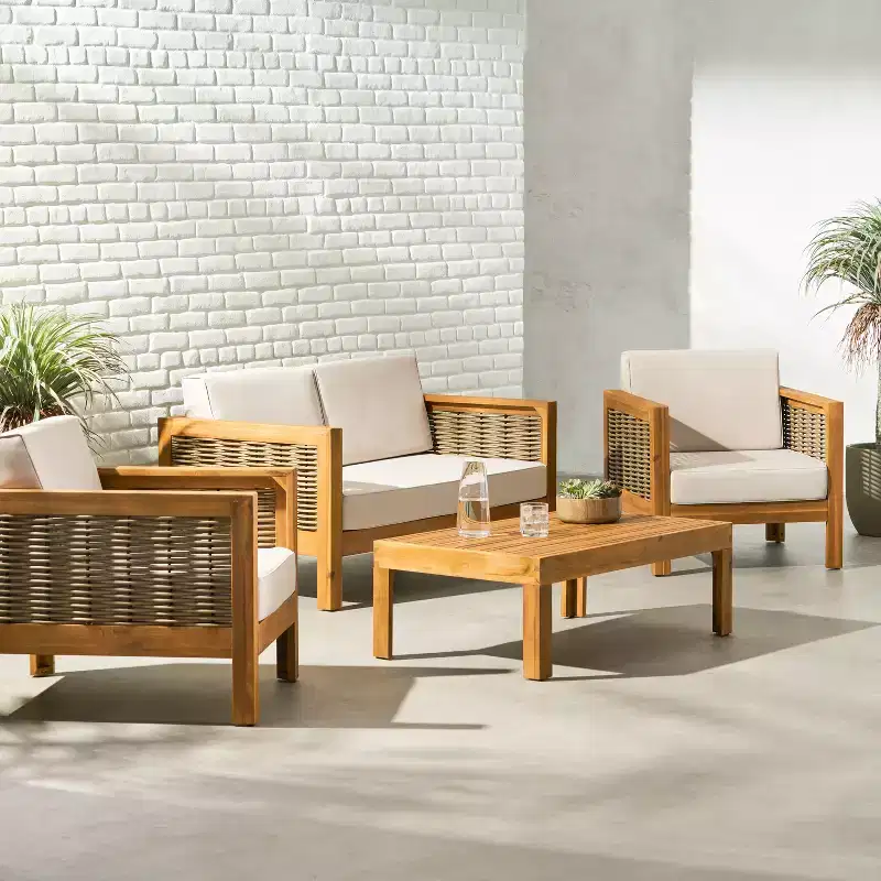 Christopher Knight Home Allegra Outdoor Acacia Wood and Wicker 4 Seater Chat Set with Cushions