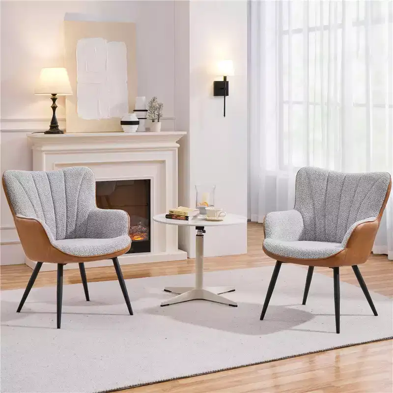 Yaheetech Set of 2 Modern Pleated Curved Back Armchair for Living Room, Dining Room, Bedroom, Gray and Retro Brown