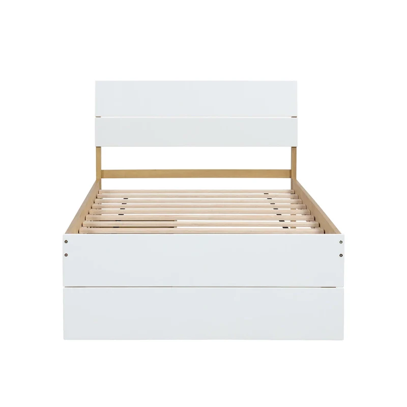 White + Light Oak Twin Bed Frame with Trundle – Sleeps 2