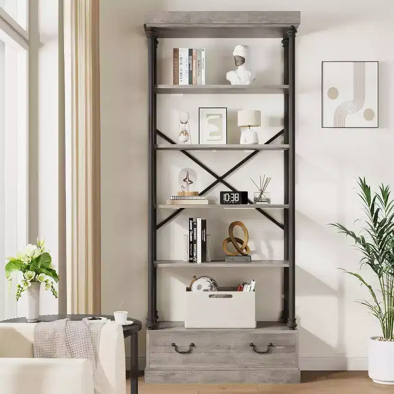 6 Bookshelves with Storage Drawers, High-Level Vertical Display Shelves, Wood and Metal Storage Shelves for Living Rooms, Bedrooms and Home Offices