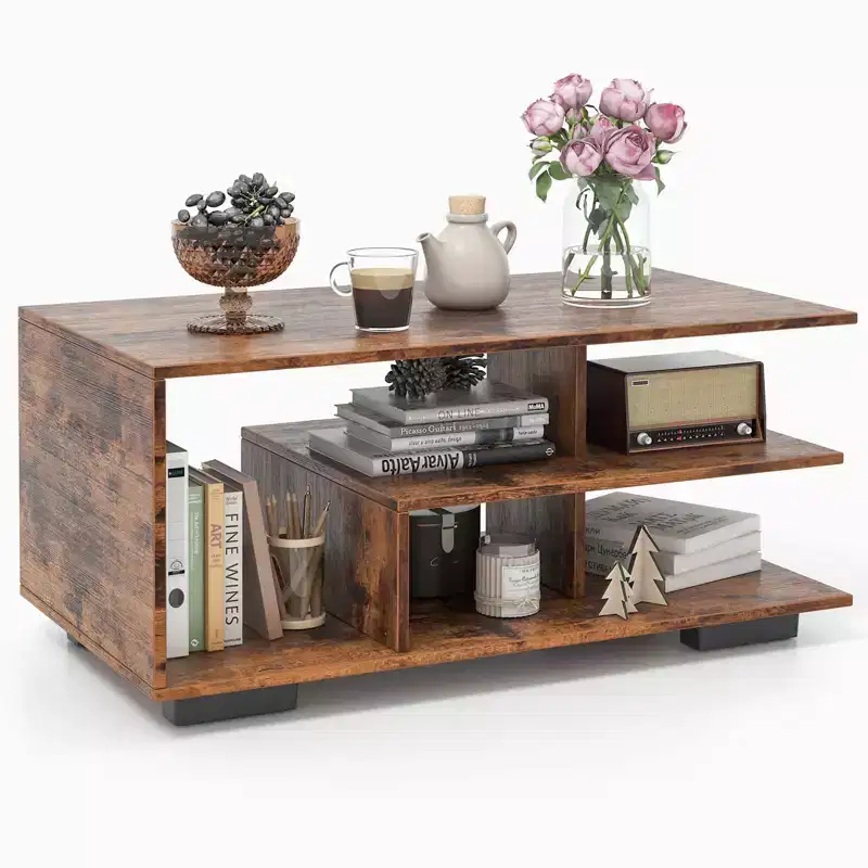 Coffee Table with L-Shaped Middle Shelf - 3-Tier Geometric Design, Rustic Brown