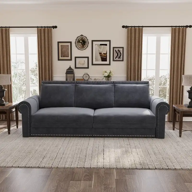 3-in-1 King Pull Out Sofa Bed Chesterfield Sofa, Velvet/Faux Leather Convertible Sleeper Sofa with Nailhead Trim & Rolled Arm