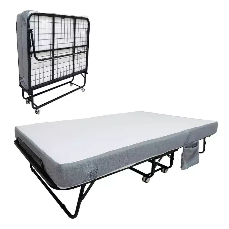 with Mattress, Portable Foldable Bed on Wheels with Side Storage Pocket for Office, Bedroom, Space Saving, Easy Storage