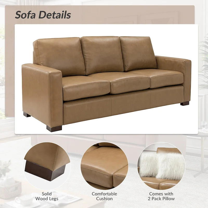 Ernando 83.46 Wide Genuine Leather Sofa with Squared Arms and Pillows