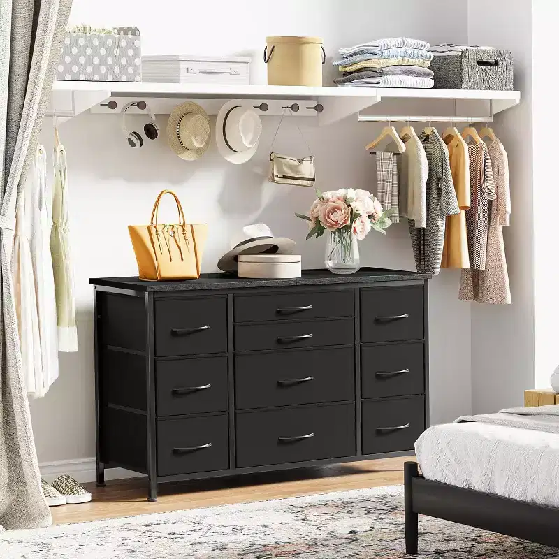 55'' Long TV Stand with Power Outlet Entertainment Center, Storage Fabric Drawer Unit for Bedroom, Wide Dresser with 10 Large Drawers