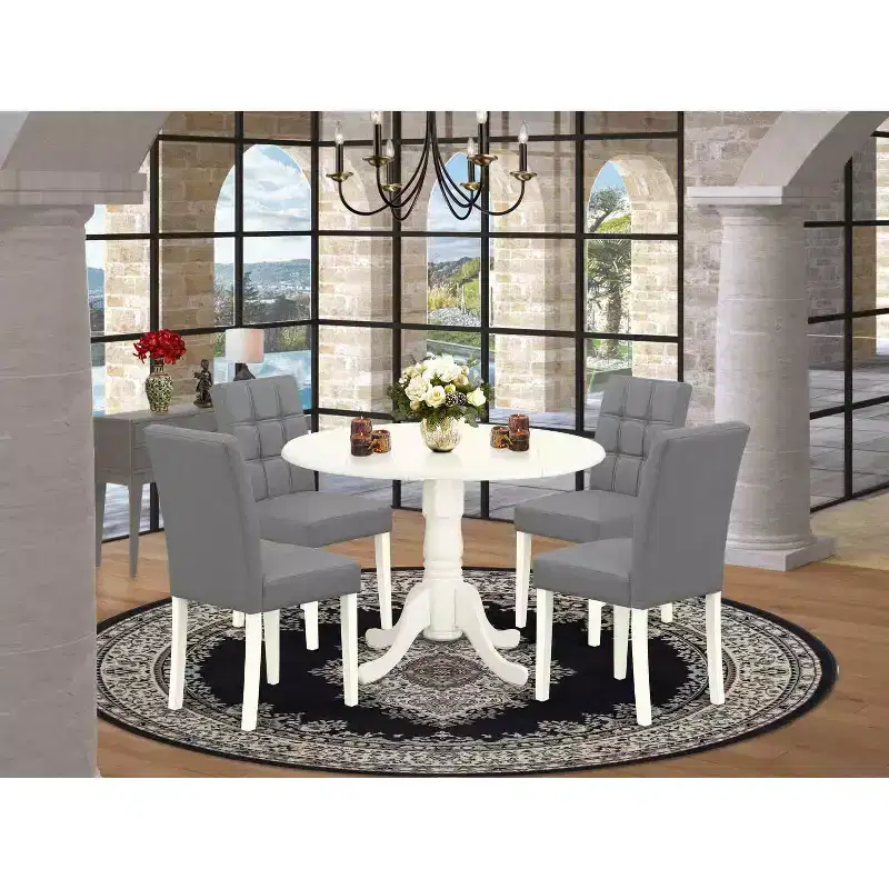 HomeStock Linen White Round Dining Table Set with 4 Chairs Modern Style DLAS5-WHI-41