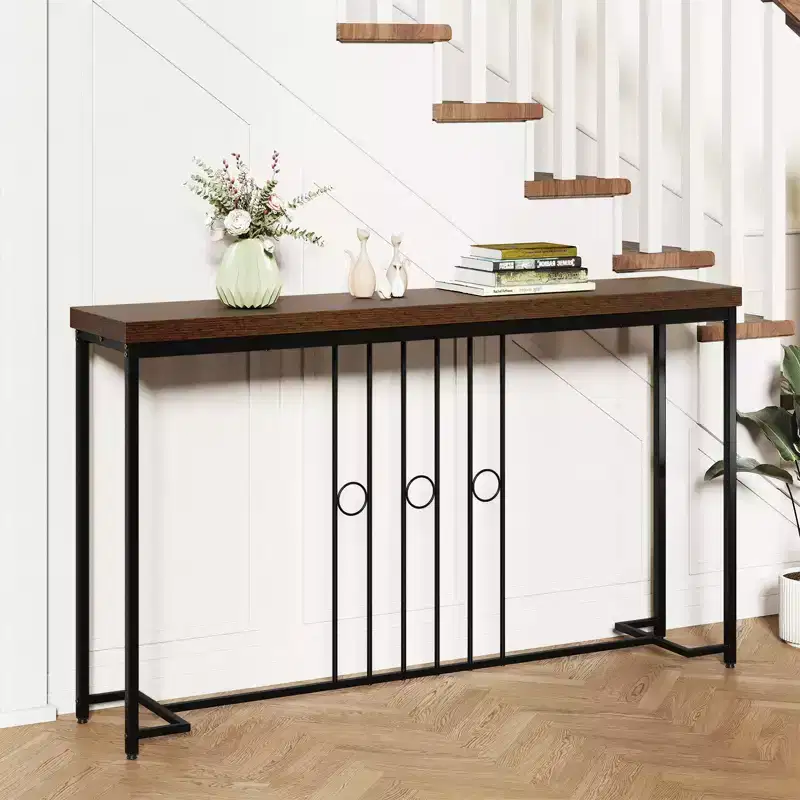 Industrial Console Table 55'' Narrow Table w/ H-Shaped Base & Spacious Tabletop