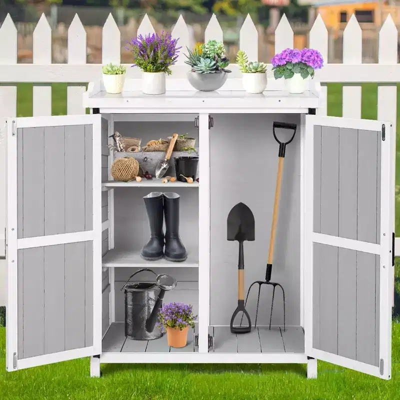 Wooden Potting Bench with Galvanized Tabletop and Storage Cabinet