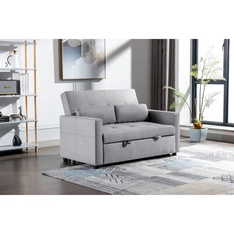 55.12 3-in-1 Linen Loveseat Convertible Sofa Bed with Side Pocket and Pillows