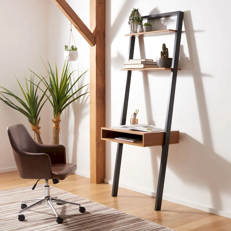 Industrial Farmhouse Leaning Desk with 2 Open Shelves, Mahogany Finish & Charcoal Metal Frame