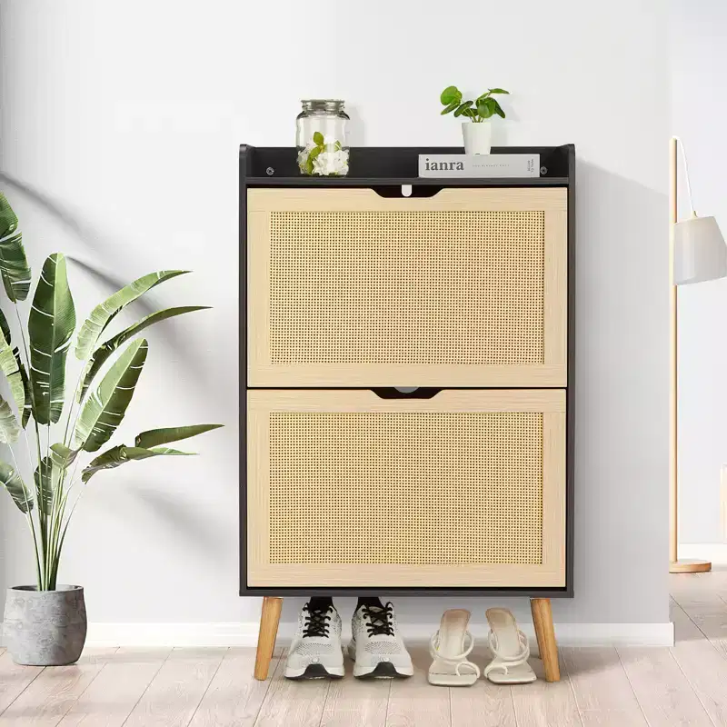 Hidden Shoe Storage with 2 Flip Rattan Flip-Drawer and Anti-Tip Design, Shoe Cabinet for Entryway, Hallway, 12-15 Pairs Storage Organiz