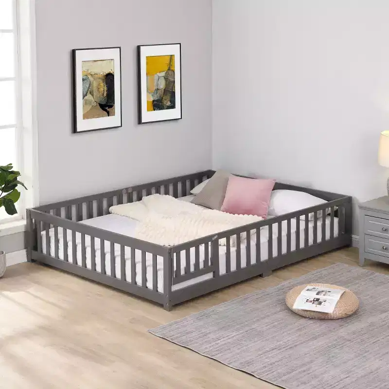 Solid Wood Bed Frame Twin Size, Floor Bed Frame with Safety Rails & Slat Support, Kids Bed for Bedroom