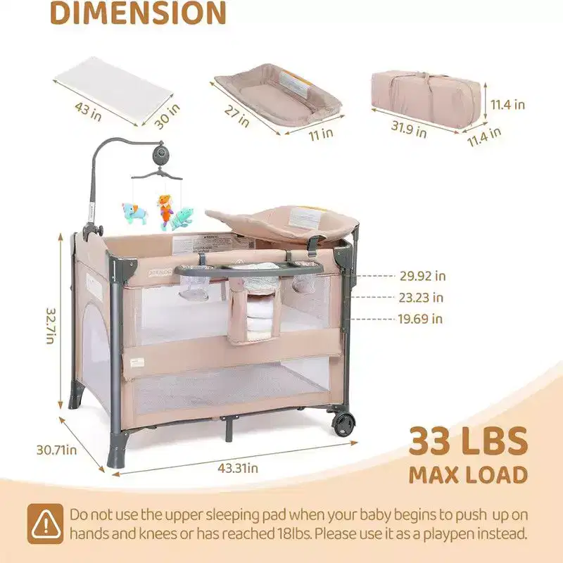 3 In 1 Baby Bassinets Crib Bedside Sleeper in Beige With Removable Hanging Bag & Changing Table Function