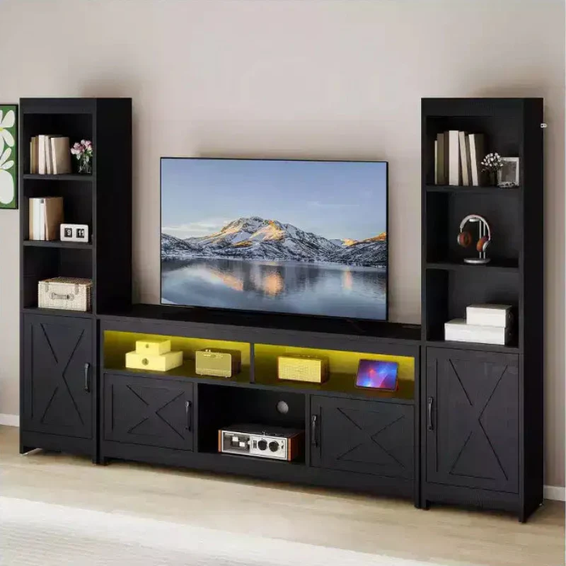 Farmhouse TV Stand for 65 inch TV, LED Entertainment Center with Storage & Power Outlets, TV Cabinet with Bookshelves for Living Room