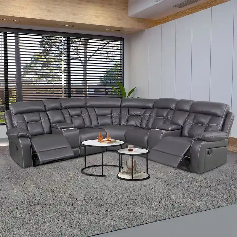 Mid-century Modern Faux Leather Upholstered Reclining Sectional Sofa