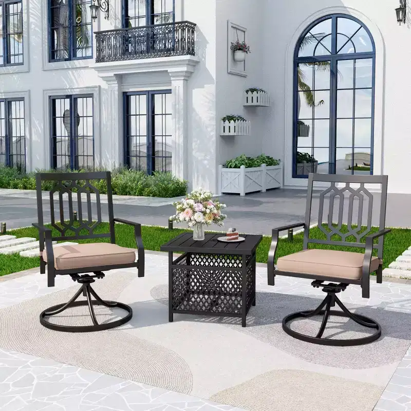 3pc Wrought Iron Patio Dining Set with Square Table with Umbrella Hole & Swivel Chairs - Captiva Designs