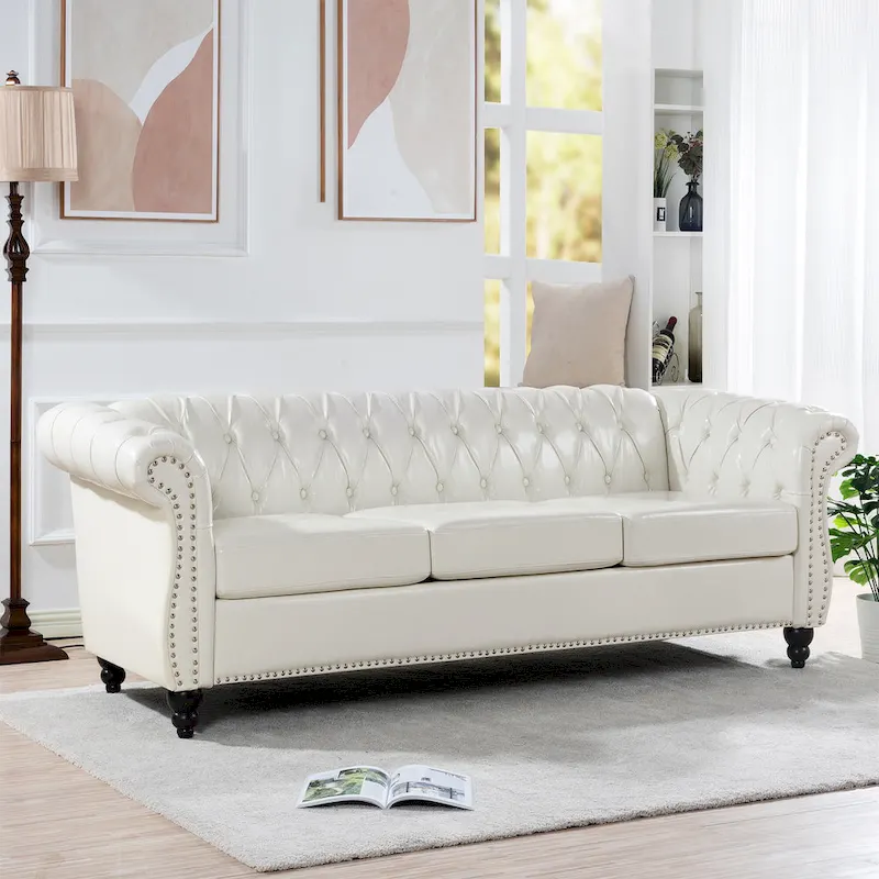 Upholstered Rolled Arm Chesterfield 3-Seater Sofa