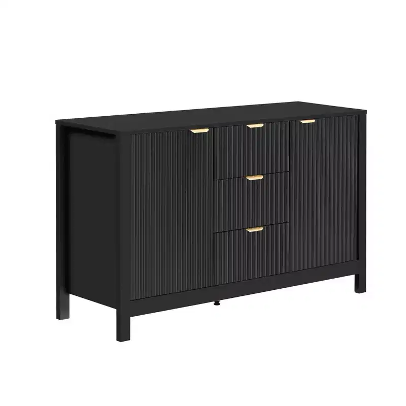 with Wave Design-3 Adjustable Shelves, 3 Drawers & Soft-Close Doors, Storage Console Table with Metal Handles