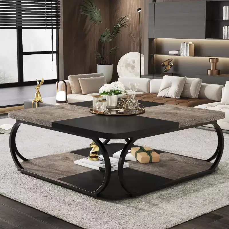 39-Inch Coffee Table with Open Storage Shelf, Large Wood Square Low Center Table for Living Room, Home Office, Black Rustic Grey