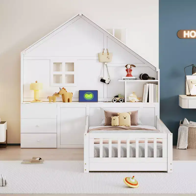 Twin/Full Size House Bed with Window Platform Bed Frame, Bedside Drawers, Shelves, Sockets and USB Port, White